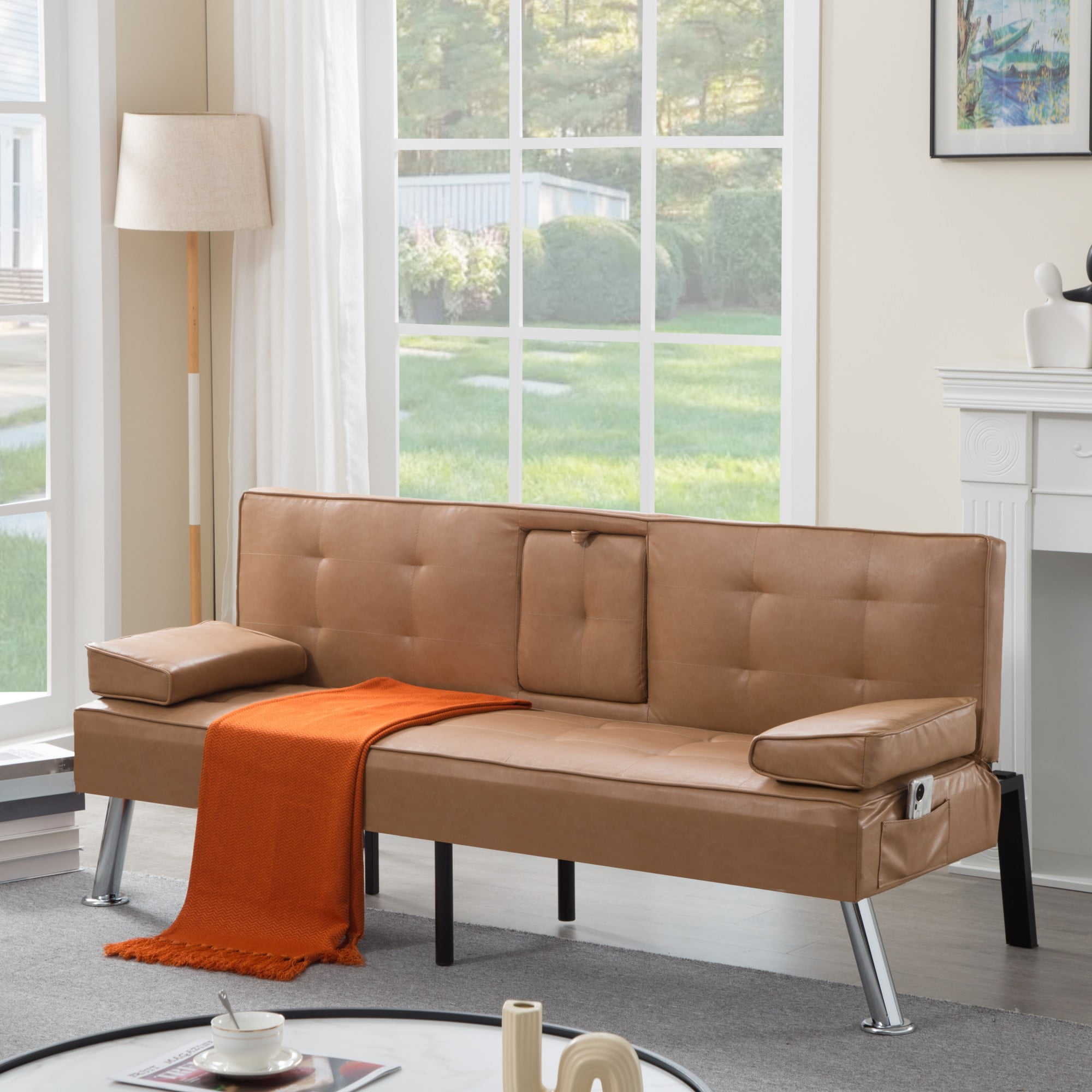 Gewnee Tangerine 69.49" Foldable Sofa Bed - Adjustable Recliner with 2 Cup Holders & Chrome Metal Legs