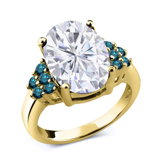 Gem Stone King 18K Yellow Gold Plated Silver Blue Diamond Ring Set with Moissanite (5.48 Cttw) (Size 8)