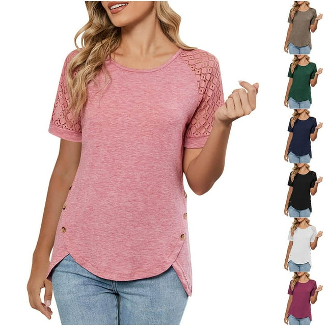 JDQJBZ Women Summer Short Sleeves Top,Women's Solid Color Lace Patchwork Button Irregular Hem Casual Blouse