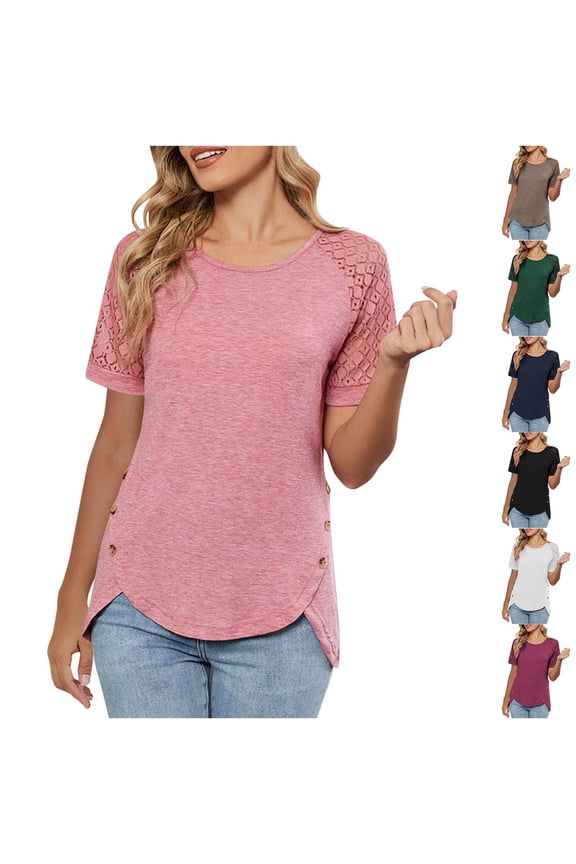 Ichuanyi Women's Short Sleeve Round Neck Blouse with Lace Trim and Button Detail, Solid Color Asymmetrical Hem Top, Unique Irregular Hemline Shirt, Chic Fashion Top