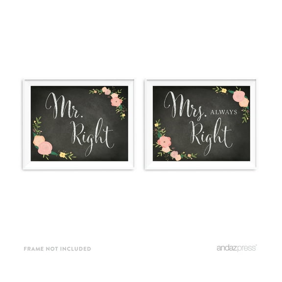 Mr. Right, Mrs. Always Right Black Chalkboard & Floral Roses Wedding Party Signs, 2-Pack