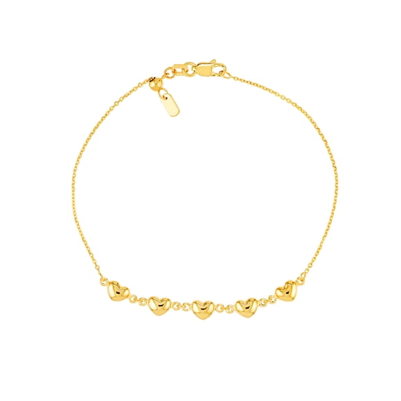 14k Yellow Gold 5 Pc Puffed Love Heart Center Adjustable Bracelet 7.50 Inch Link Bracelet for Women