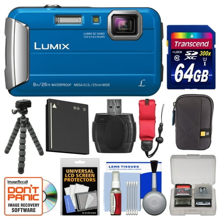 Panasonic Lumix DMC-TS30 Tough Shock & Waterproof Digital Camera (Blue) with 64GB Card + Case + Battery + Flex Tripod + Float Strap +