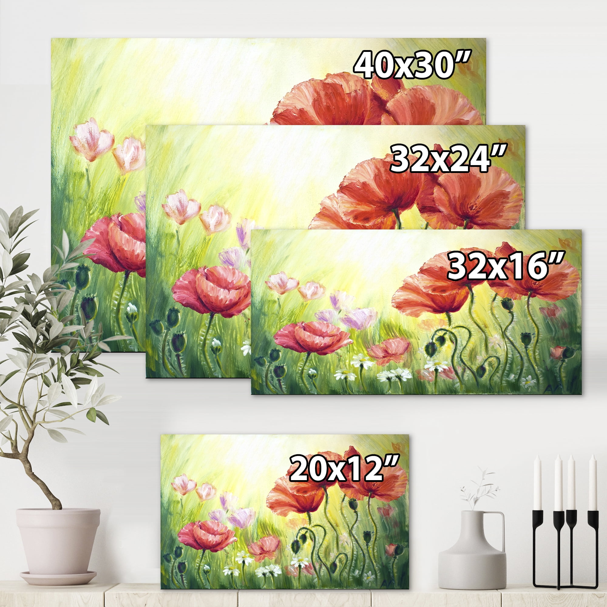 Designart ' Blossoming Red and Purple Poppies In The Morning I ' Traditional Canvas Wall Art Print