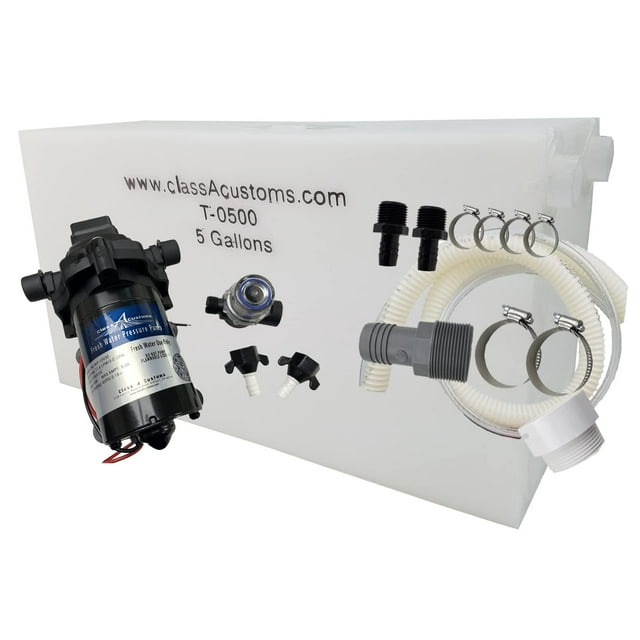 Class A Customs | 5 Gallon RV Concession Fresh Water Tank with Plumbing Kit & 12 Volt Water Pump | T-0500-BPK-PUMP