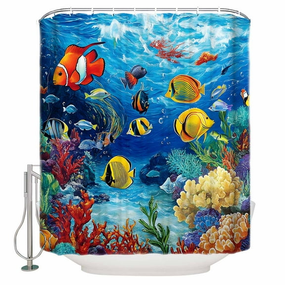 Ocean Underwater Shower Curtain, 48" x 72", World Tropical Fish Coral Color Marine Life Waterproof Bathroom Curtain Washable Shower Curtain Set with 12 Hooks