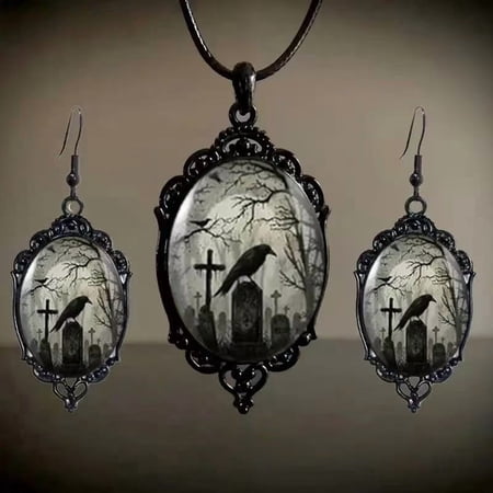 Vintage Crow Cross 14K Black Gold Pendant Necklace earrings set,Gothic Style Black Tombstone Necklace,Halloween Party Prom Decoration