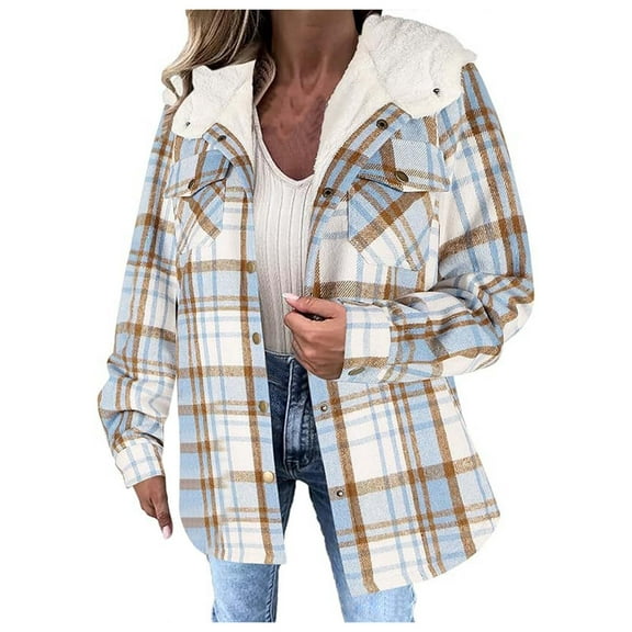 Cnbwig Women's Plaid Short Jacket Long Sleeve Button Up Fleece Lined Hooded Checked Printed Coat Warmth Winter Jackets Blue L