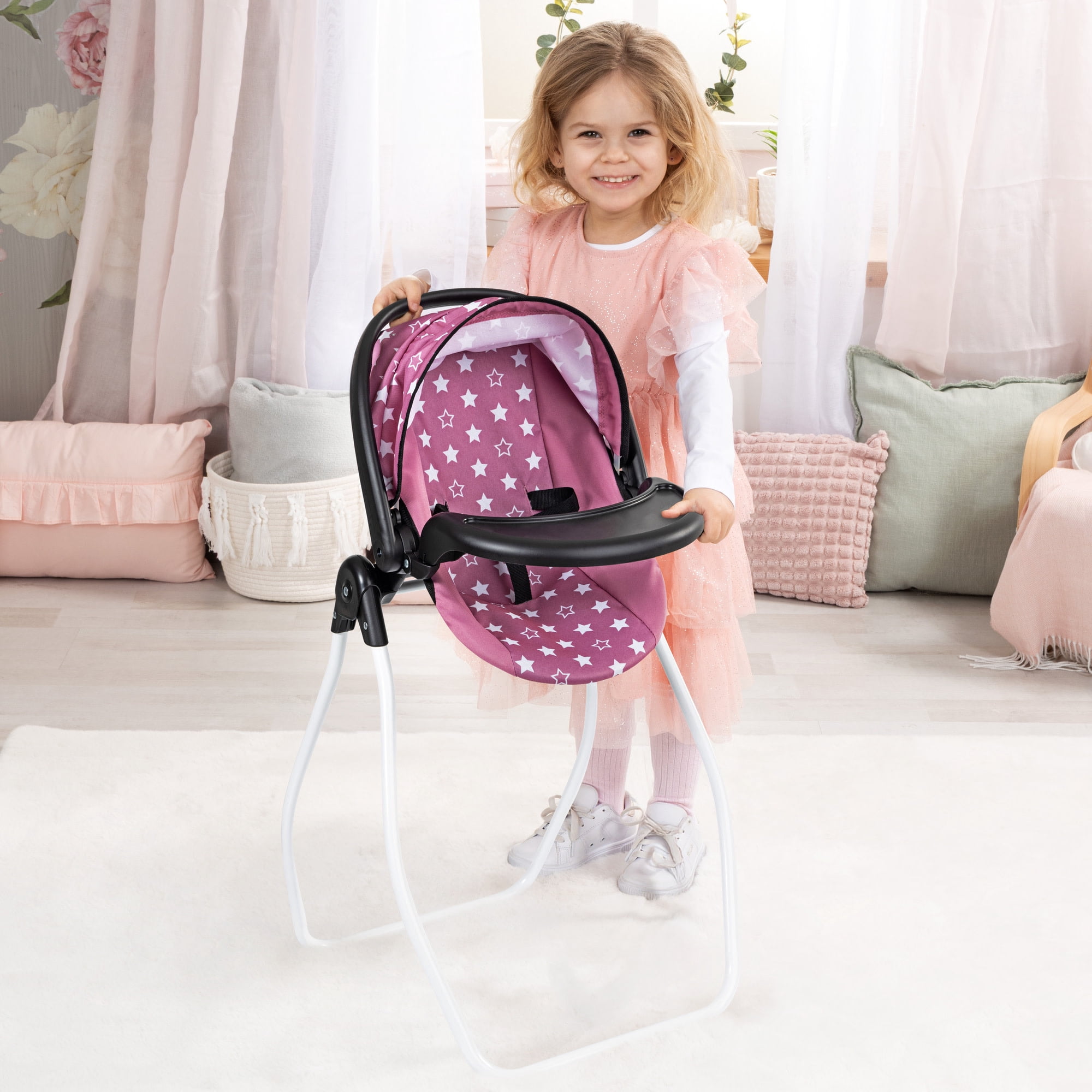 Bayer Design: Doll 4-In-1 Vario - Pink & White Stars - Convertible Toy: Highchair-Swing-Bed-Car Seat, All-In-1 Care Accessory Fits 18" Dolls, Kids 3+