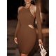 thumbnail image 2 of Vestido ajustado con cuello halter Color puro Recorte en la cintura Espalda abierta Mangas largas Vestido ajustado para citas Compras Marrón L, 2 of 8