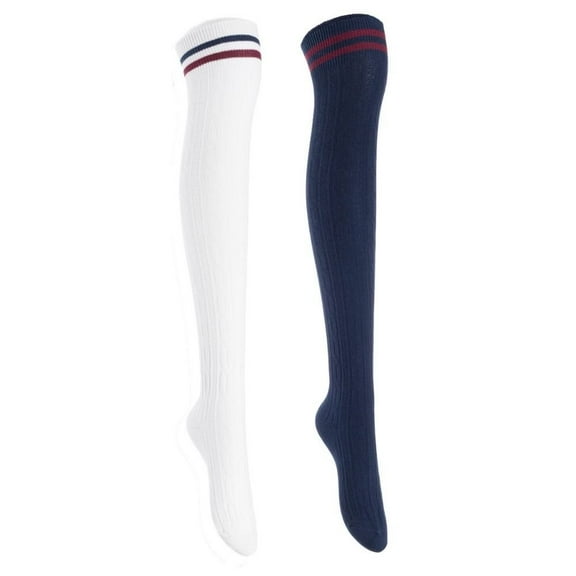 Lian Style Women's 2 Pairs Incredible Durable Super Soft Unique Over Knee High Thigh High Cotton Socks Size 6-9 J1023 White, Navy