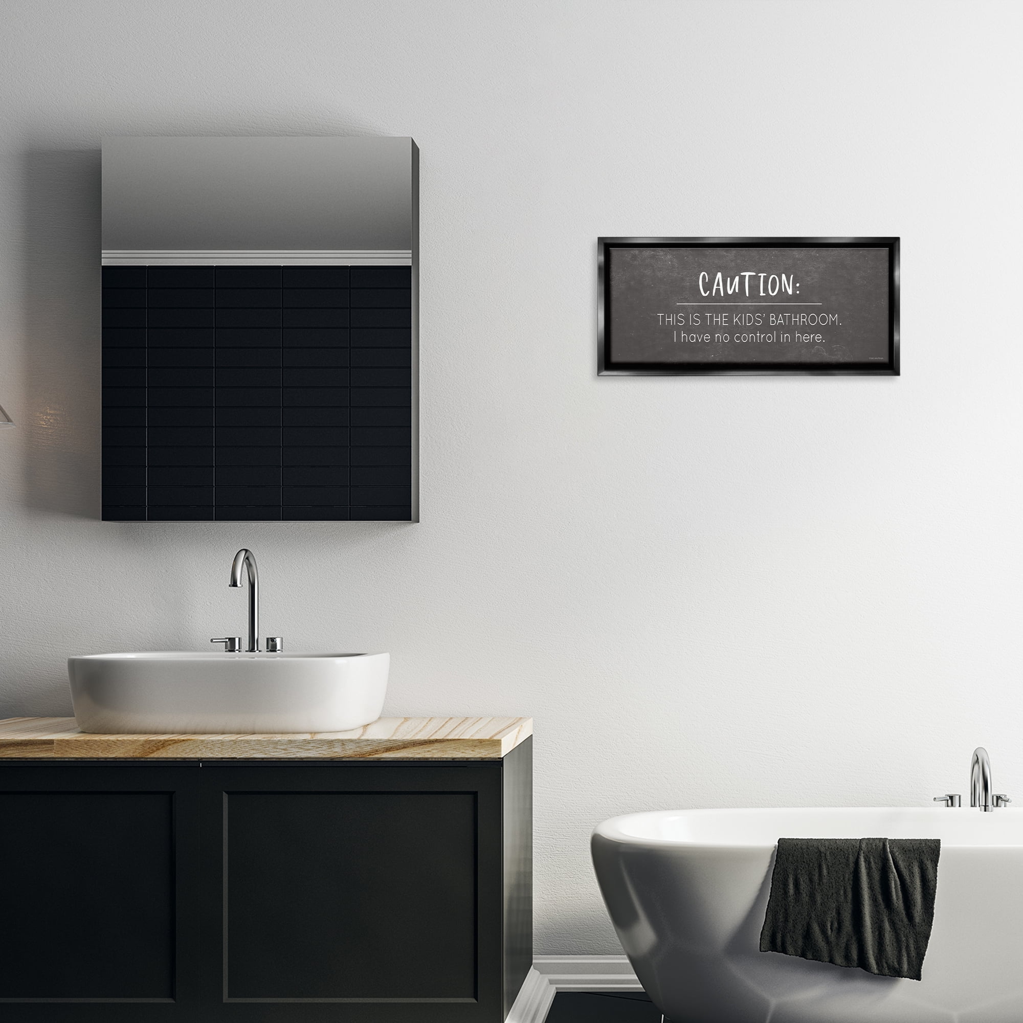 Stupell Industries No Control Here Bathroom Typography Painting Black Floater Framed Canvas Art Print Wall Art, 25 x 11