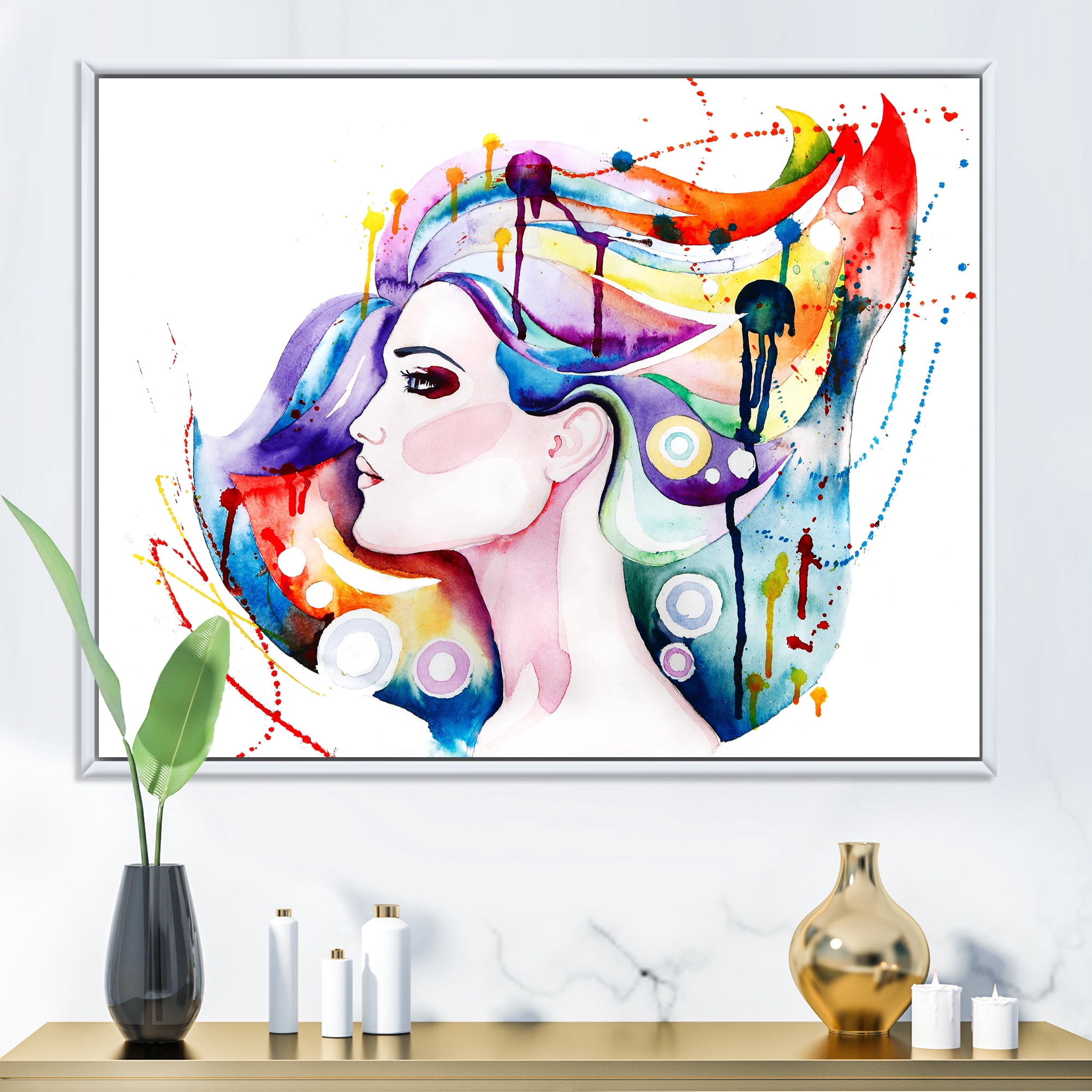 Designart 'Beautiful Young Woman With Colorful Hair' Traditional Framed Canvas Wall Art Print