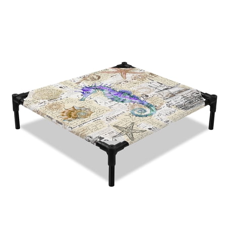 Summer Ocean Elevated Dog Bed Seahorse Seashell Starfish Vintage Sailing Boat Cooling Breathable Outdoor Raised Dog Cot Bed with Metal Frame Non-Slip Feet for Small Dog 20x20in