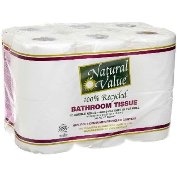 Natural Value 100% Recycled Bathroom Tissue, 400 2-Ply Sheets Per Roll, 12 Double Rolls (Pack of 4)