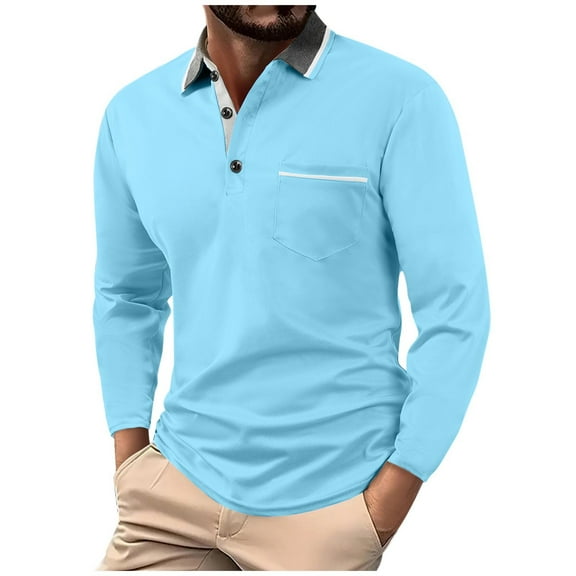 Mgmyaa Men's Polos Long Sleeve Button-Up Shirt Office and Casual Turn Down Collar Tops with Pocket