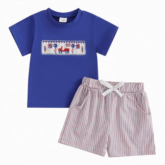 kpoplk 4th of July Baby Boy Outfit Short Sleeve Embroidery Flag T-shirt Plaid Shorts Toddler Independence Day Summer Clothes Size 6-12 Months,Blue