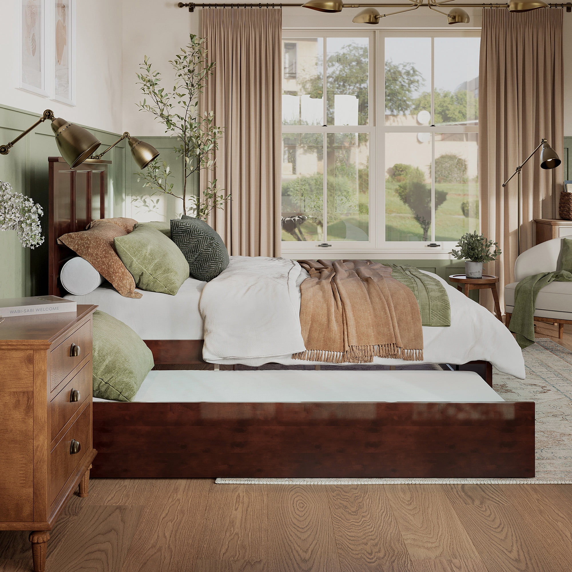 AFI Madison Queen Wood Platform Bed with Headboard Footboard & Twin XL Trundle, Walnut