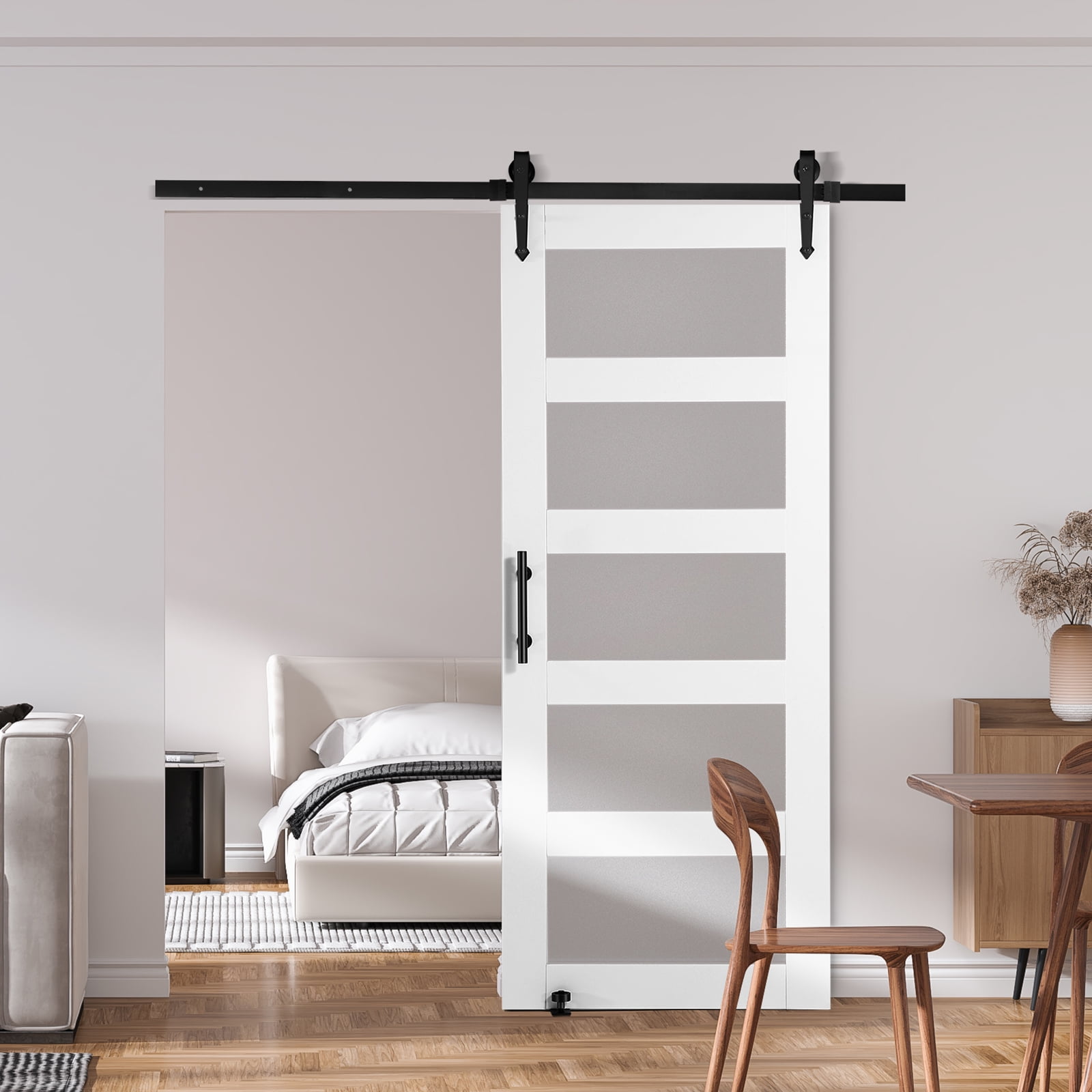 SKYSHALO 30BL 30" x 84" Cedarwood & Frosted Glass Barn Door Hardware Kit