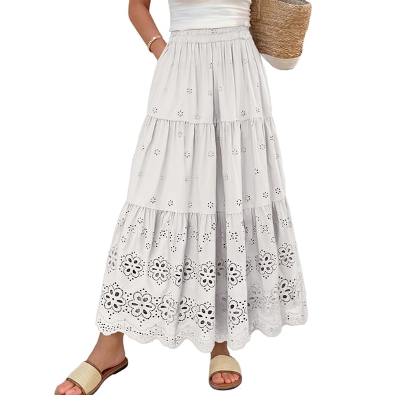 LWavelet Women Eyelet Embroidery Tiered Maxi Skirt Elastic High Waist With Pockets Boho Long Skirt White One Size