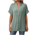thumbnail image 2 of JMKQLZ Women's Solid Color Loose Shoulder Short Sleeved V-Neck Hem Slit Fashion Top, 2 of 7