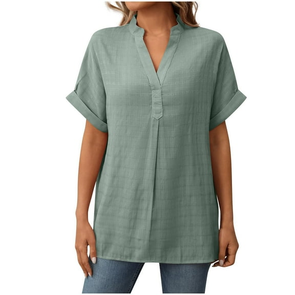 Npasoilc Summer Shirts for Women Back Pleated Hem Side Slit Rolled Short Sleeve V-neck Blouse Soft Breathable Pullover Tops Casual Loose Daily T-Shirts