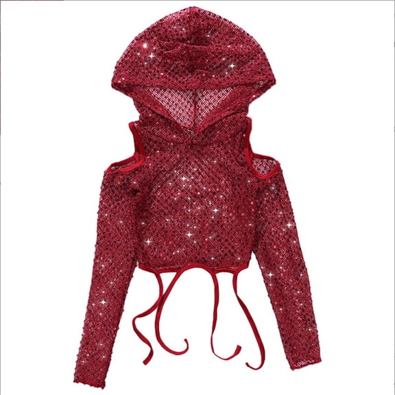 Huowey Girls Casual Tops Sparkly Sequins Hoodies Long Sleeve Off The Shoulder Dance Crop Top Performance Show Stage Party Stylish Cover Up Streetwear Spring Fall Clothing,Red,3-4 Years
