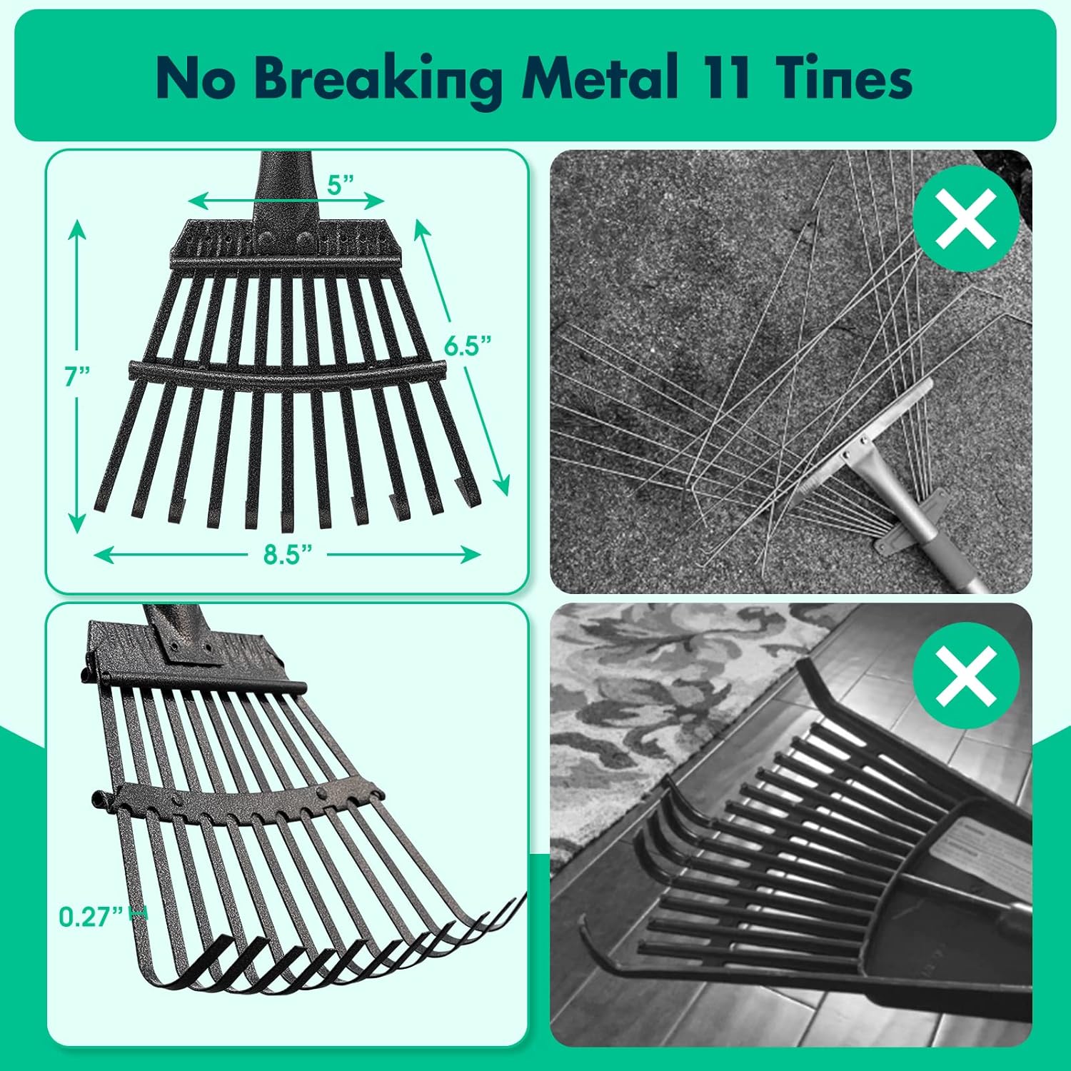 OLIYNEDY 60 inch Heavy Duty Small Garden Rake 11 Metal Tines -8.5 inch Wide, Adjustable Steel Handle