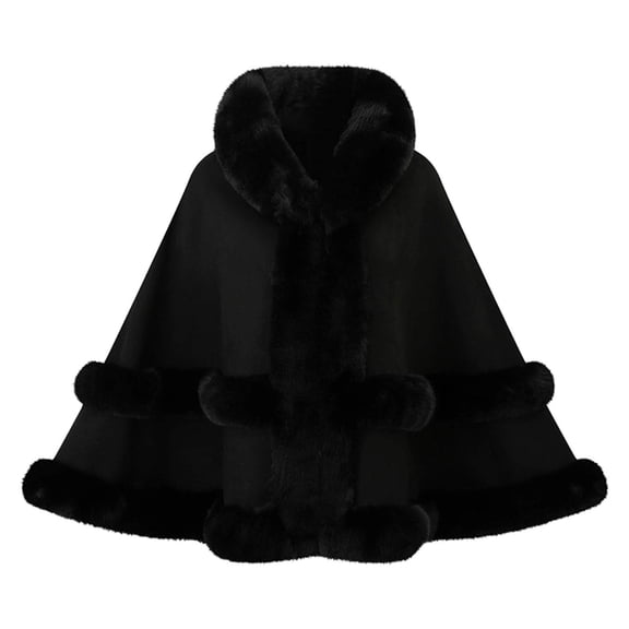 UTSJKR Women Hooded Faux Fur Trim Poncho Cape Loose Batwing Sleeve Warm Shawl Wrap Coat for Cold Winter Occasions Black