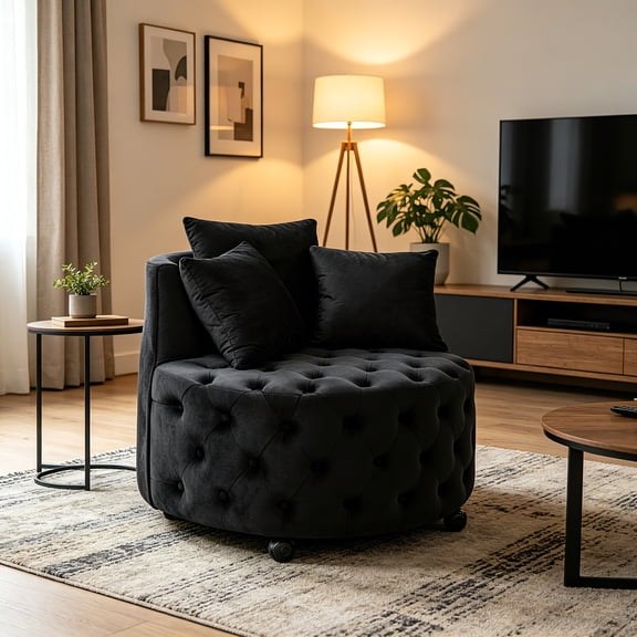 AUU Velvet Upholstered Swivel Chair with Button-Tufted Design and Movable Wheels, Includes 3 Pillows, Black for Living Room
