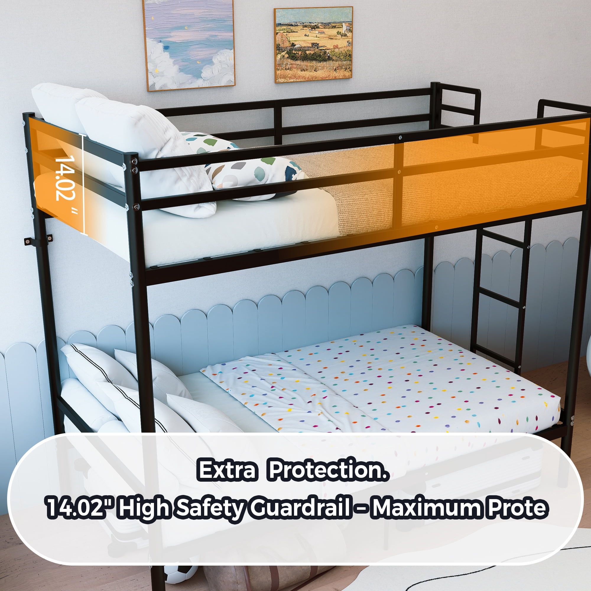 Bunk Bed with Ladder and high Guardrail, Able to Split, Metal Bunk Bed, Storage Space, Noise Free,Twin Over Twin Size,Black