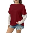 thumbnail image 2 of QUNYINEY Lace Womens T Shirts Crew Neck Long Sleeve Solid Blouses Loose Fit Casual Pullover Birthday Outfits for Women, 2 of 9