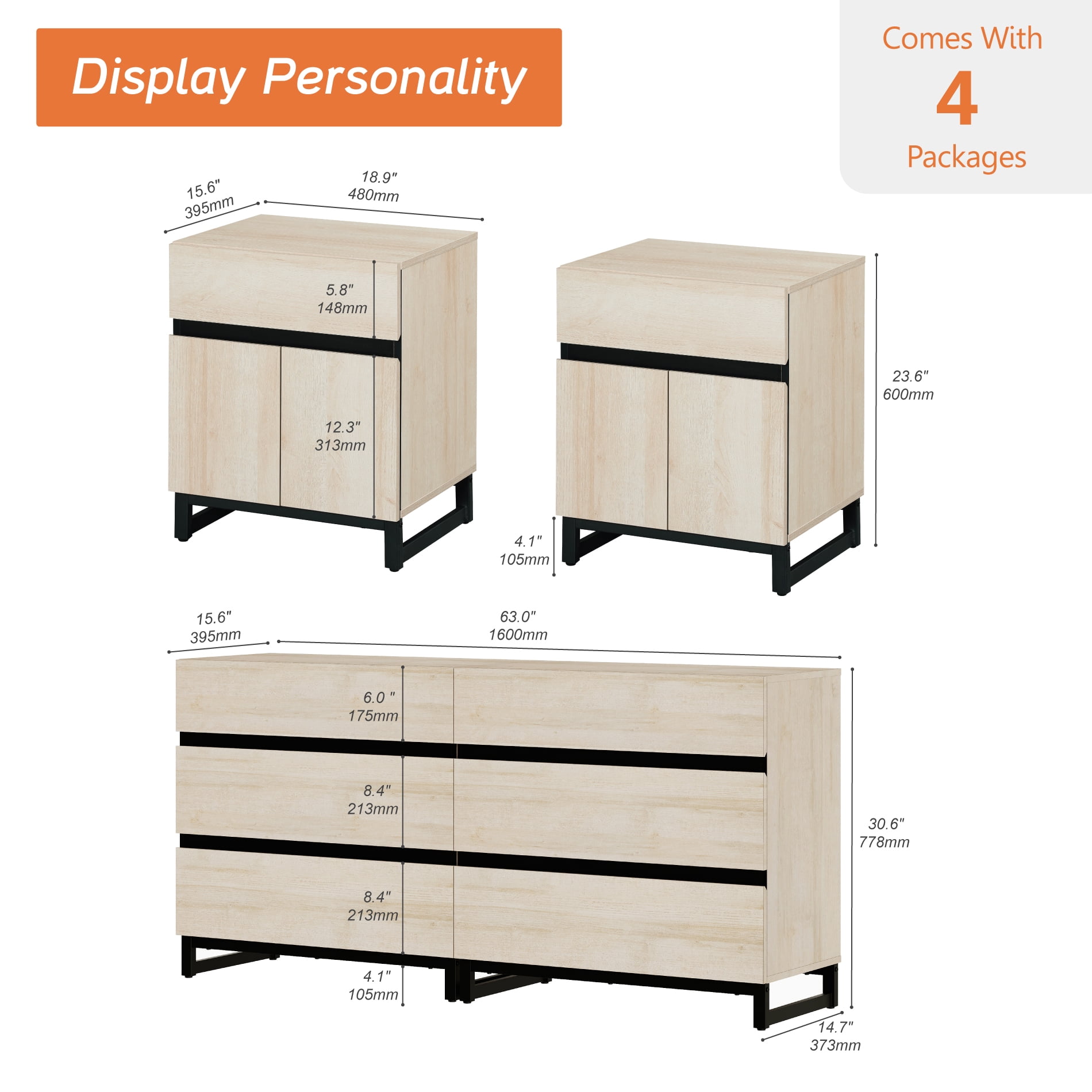 WAMPAT 3-Piece Dresser & Nightstand Set, 63 Inch 6-Drawer Dresser & 2 Nightstands with Drawer & Cabinet, Bedroom Furniture Collection