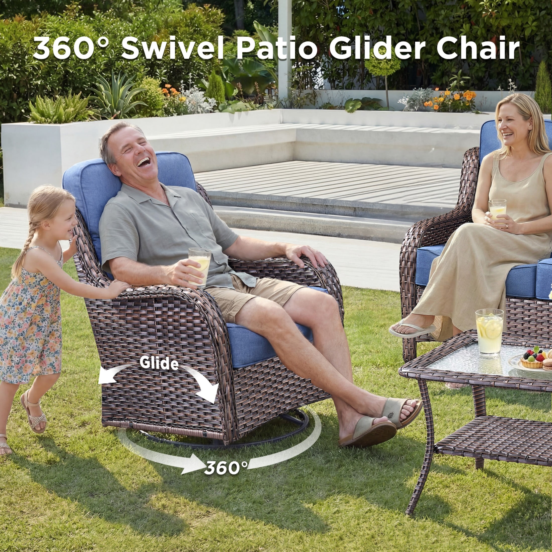 Unnifurnzi 8 Pieces Wicker Patio Furniture-Outdoor Swivel Chairs Set of 4 with 6 Inch Thick Cushions Outdoor Couch with Outdoor Foot Rest Outdoor Conversation Sets for Deck Porch Poolside-Brown/Blue