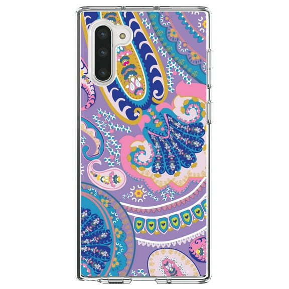 DistinctInk Clear Shockproof Hybrid Case for Samsung Galaxy Note 10 (6.3" Screen) - TPU Bumper, Acrylic Back, Tempered Glass Screen Protector - Purple Pink Blue Paisley