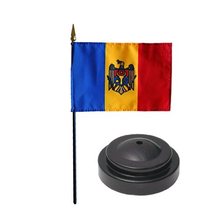 Moldova Desk Flag with Base; American Made Rayon 4x6 inch Miniature Table Set Includes One Small Mini Country Stick Flags and One Black Stand (Moldova Desk Flag and Base)