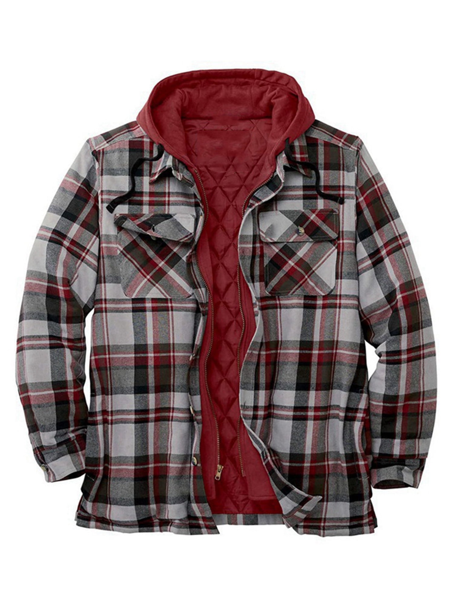 Men's Long Sleeve Quilted Lined Shirt Jacket with Hood Casual Snap Front Plaid Maplewood Flannel Coats 