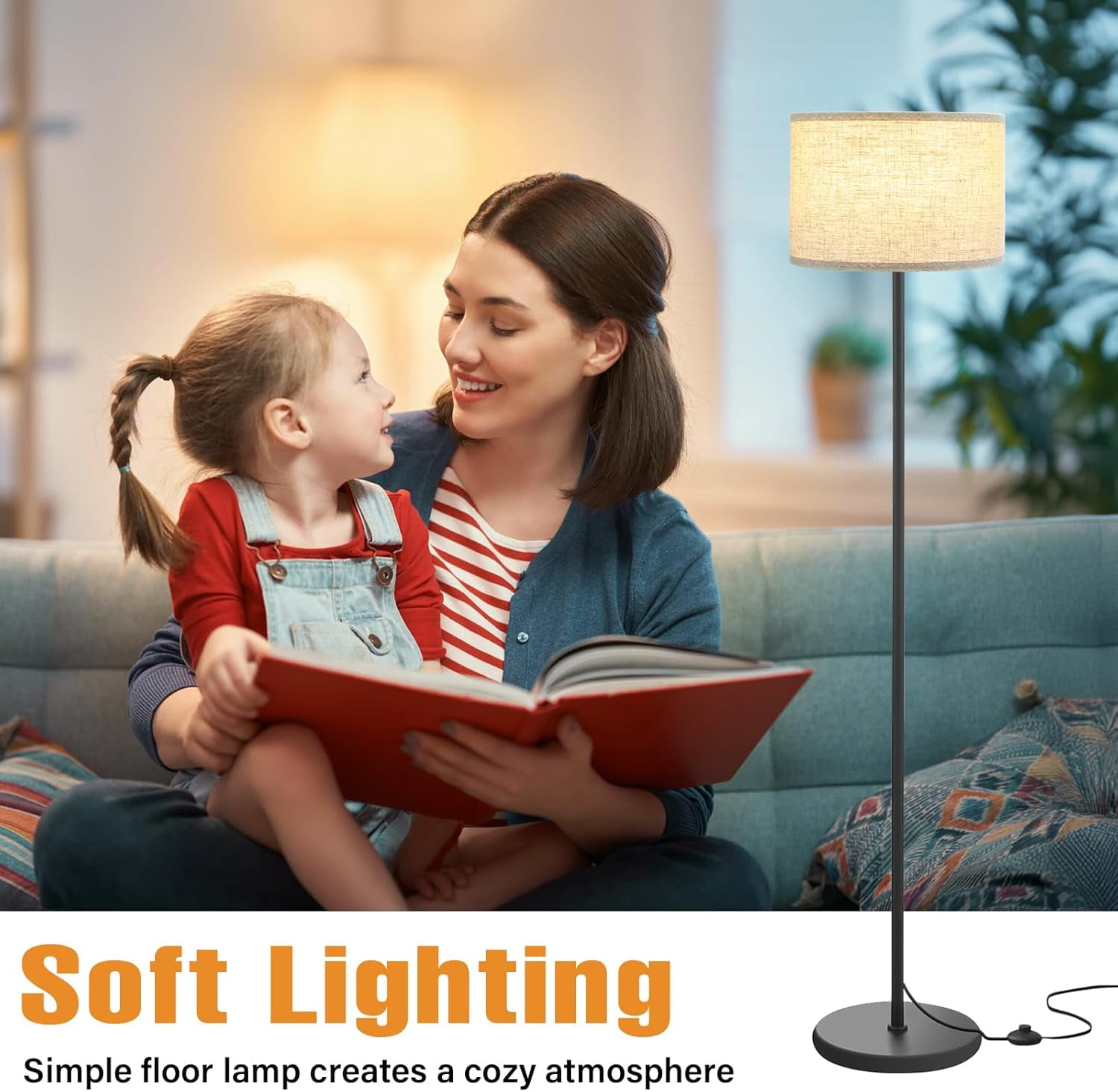 60'' Modern Floor Lamp with Shade, Tall Lamps for Living Room, Bedroom, Office, Dining Room, Beige Shade with Black Pole(Without Bulb)