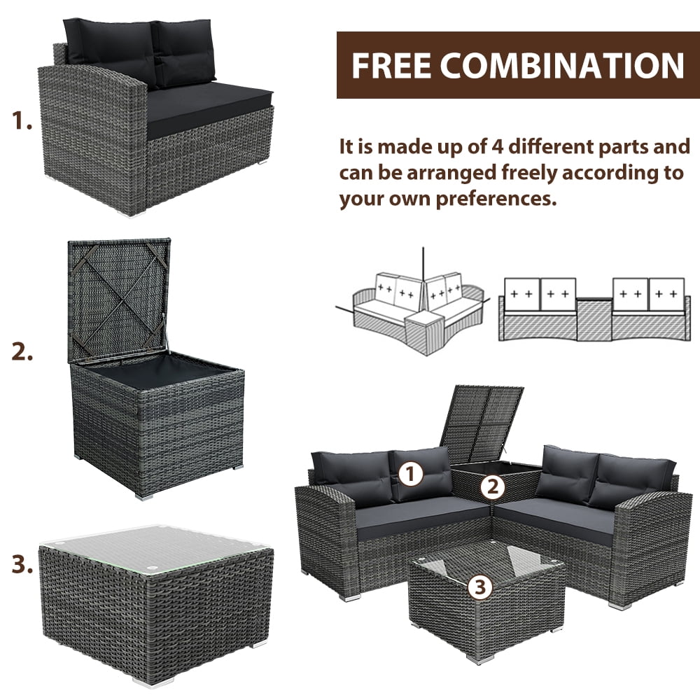 SEGMART 4 Piece Patio Furniture Set, All-Weather Outdoor Sectional Sofa Set, PE Rattan Conversation Set with Storage Box, Table & Cushions, Wicker Furniture Couch Set for Patio Deck Garden