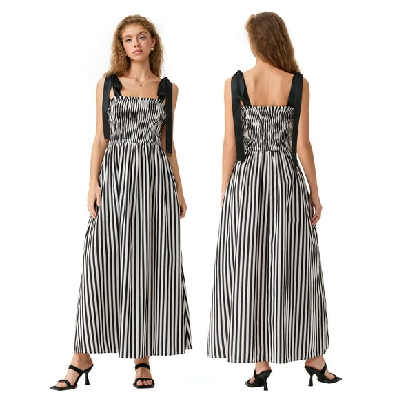 Baby Sweetie Women's Stripe Print Cami Dress Tie Spaghetti Strap Shirred Detail Backless Long Flowy Dress with Pockets