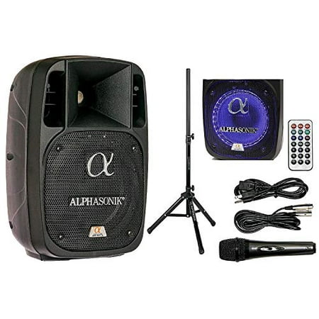 Alphasonik 8  Powered 1200W PRO DJ Amplified Loud Speaker Bluetooth USB SD Card AUX MP3 FM Radio PA System LED Ring Karaoke Mic Main Monitor  Band Church  Party  Guitar Amp  Home  BBQ w/ Tripod Stand