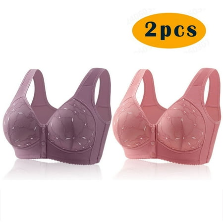 GERsome Women s 2 Pack Assorted Color Comfort Front Close Sport Bra Convenient Snap Sleep Bra Wireless Bras for Women Plus Size Full Coverage No Underwire Bra 2pcs#Purple/Watermelon Red M