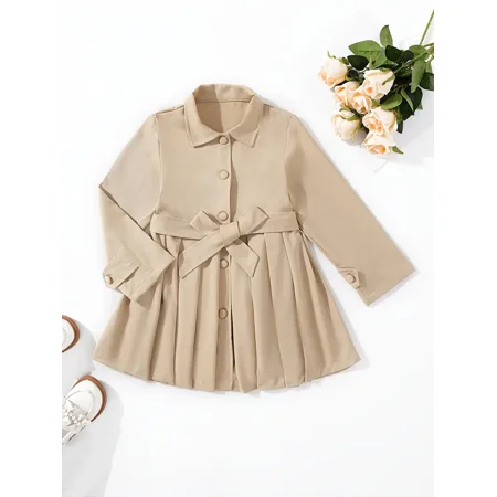 

GEDER-F1 Girls Solid Lapel Button-up Long Sleeve Belt Pleated Dress Kids Clothes Fall Winter Outfits