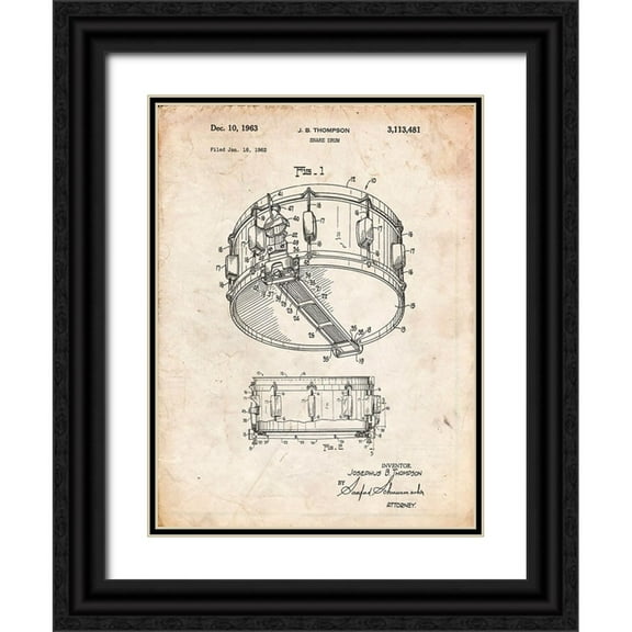 Borders, Cole 12x14 Black Ornate Wood Framed with Double Matting Museum Art Print Titled - PP1018-Vintage Parchment Rogers Snare Drum Patent Poster