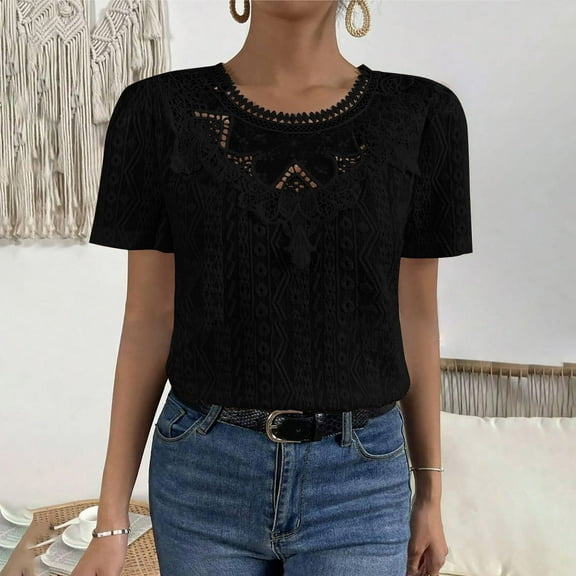 Fartey 2025 Women Lace Tops Fashion Elegant Eyelet Embroidery Crew Neck T Shirts Dressy Casual Short Sleeve Tshirts Loose Fit Summer Solid Color Blouses Black L