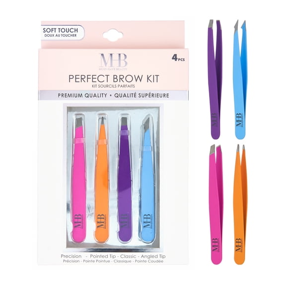 4pc Soft Touch Tweezers - Perfect Brow Kit Precision Hair Removal | Angled and Pointed Set, Precision Tweezers For Fine Ingrown Hair & Everyday Grooming (BRIGHTS)
