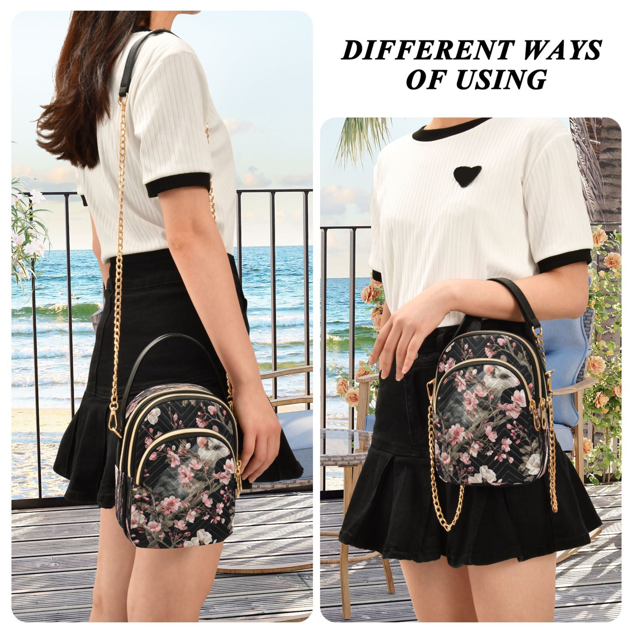 Quilted Women's Crossbody Bag Purses and Handbags with Detachable Leather Strap Watercolor Opossum Pattern