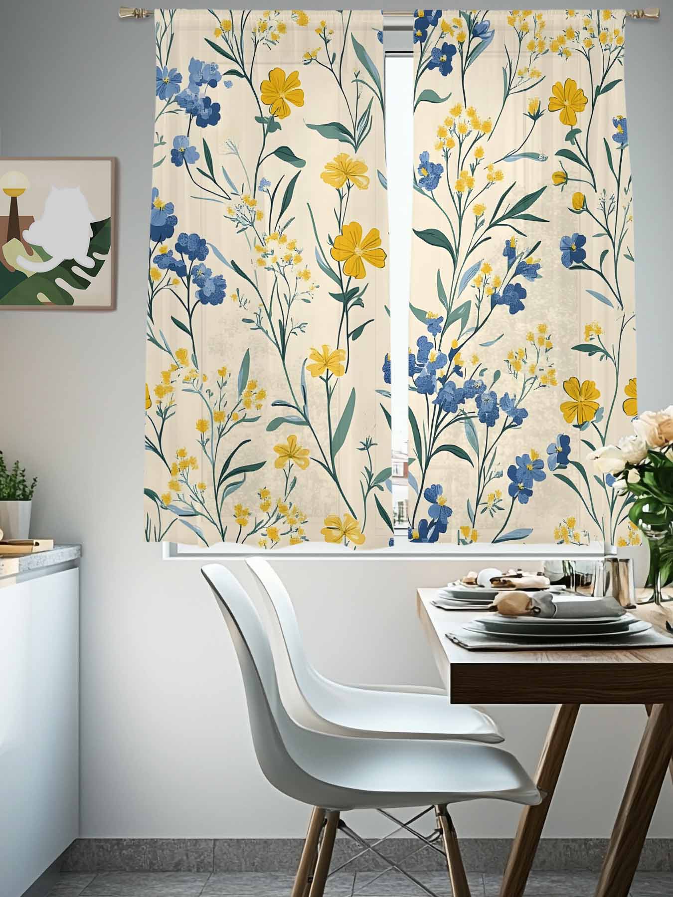 Spring Flower Sheer Curtains 2 Panels Set Watercolor Yellow Floral Vintage Green Leaf Linen Texture Sheer Window Curtains Light Filtering Rod Pocket Voile Drapes for Bedroom Living Room 52"X72"