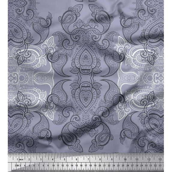 Soimoi Japan Crepe Satin Fabric Black Sketch Paisley Print Fabric by The Yard 42 Inch Wide