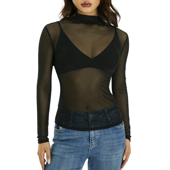 Lnzyyephy Women Top Shirt, Long Sleeve Solid Color Mock Neck Sheer Shirt, Slim-Fit Mesh See Through Wild Fashion Top